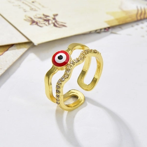 Gold-plated double-layer open ring featuring a red evil eye and clear cubic zirconia pavé