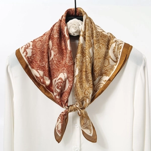 Elegant rose paisley satin silk scarf tied on white shirt collar for women