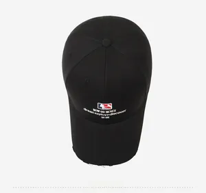 Top view of black cotton baseball cap with red, white and blue embroidery on the crown