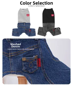 Detail view of washed denim fabric with pockets for pet jumpsuit and high-quality stitching