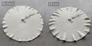 Detailed comparison of white chunky knit Christmas tree skirt with ruffled edges