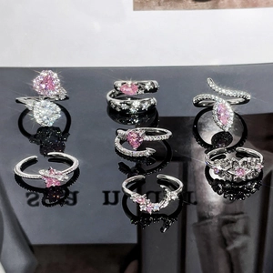 Adjustable Open Ring Pink Cubic Zirconia Heart Star Moon Snake Shape Copper Silver Plated Elegant Jewelry For Women