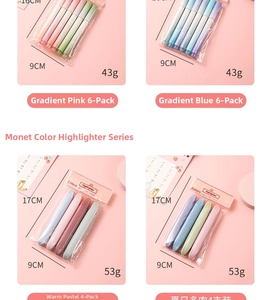 Macro view of macaron highlighter pens in transparent packaging with size and weight specs