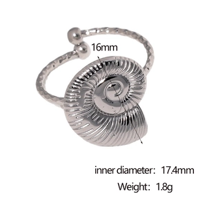 Detailed macro view of silver seashell spiral ring with adjustable size and 16mm diameter