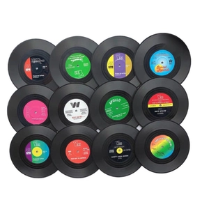 12-piece retro vinyl record coaster set with colorful labels and non-slip heat insulation