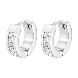 Polished silver stainless steel hoop earrings with inlaid round zircons for women