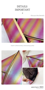 Detail view of metallic gradient envelope clutch showing gold trim and precision stitching