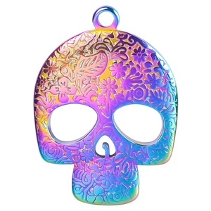 Rainbow plated stainless steel skull pendant with floral relief in sugar skull art style