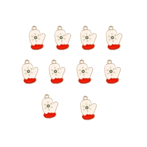 Detailed view of ten Christmas glove alloy pendants with red cuffs and green snowflakes