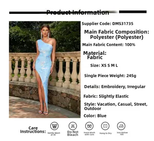 Detail of light blue one-shoulder dress with silver embroidery and irregular split hem