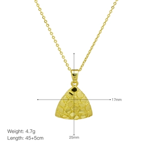 Detail view of 18k gold plated triangle pendant showing precise 17mm x 25mm dimensions