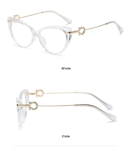 Detail view of transparent cat eye glasses frame with rhinestone metal hinge and TR90 temple