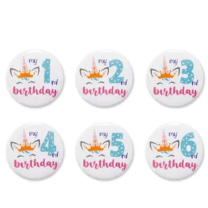 Set of 6 unicorn tinplate birthday badges featuring numbers 1 to 6 in a grid layout