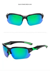 Dual view of sports sunglasses featuring a black frame and green polarized mirror lenses