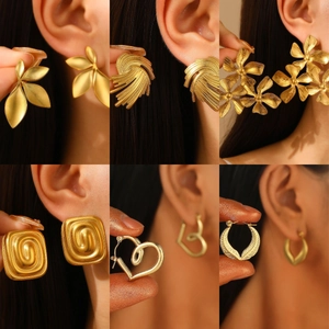 Stainless Steel Earrings For Women Gold Silver Plated Geometric Leaf Flower Heart Design Fashion Stud Jewelry Earrings