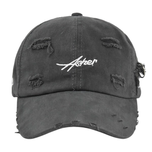 Detailed close-up of the vintage distressed black baseball cap with Asher embroidery