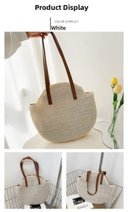 Detail showing white straw woven bag with brown leather handles and a round base