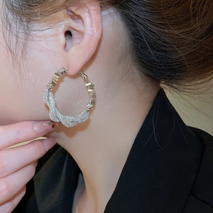 Detail of silver twisted hoop earring with sparkling zircons worn by a female model