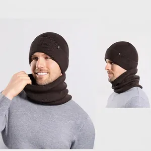 Men's winter knit beanie and neck warmer set in dark brown ribbed fleece lining
