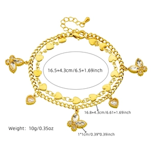 Gold double-layer stainless steel bracelet with butterfly zircon and heart charms