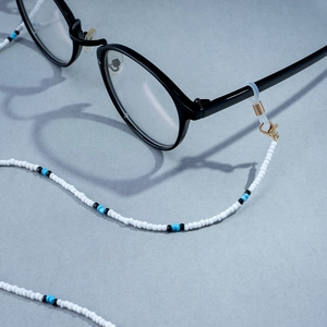 Blue and white beaded glasses chain with gold lobster clasps and non-slip silicone loops
