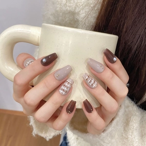 Handmade chocolate brown and nude coffin press-on nails with plaid design and pearls