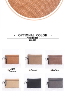 Detail showing various colors of canvas coin purses with metal zippers and side ring clips