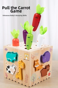 Detail of wooden Montessori toy with carrot harvest game and animal shape sorter blocks