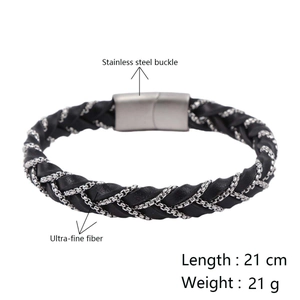Detail of hand-woven black microfiber bracelet with stainless steel buckle and dimensions