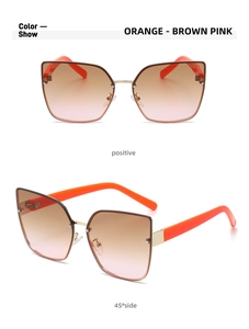 Detail view of orange cat-eye sunglasses with gradient brown pink lenses from two angles