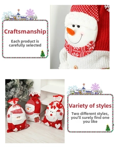 Detail of Christmas gift bags featuring knit Santa and Snowman with drawstring closure