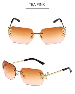 Detail of rimless tea pink butterfly sunglasses with sparkling rhinestone embellishments