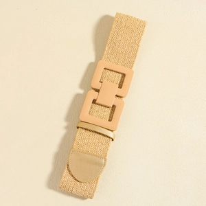 Beige woven stretch belt featuring a geometric double square buckle for boho dresses