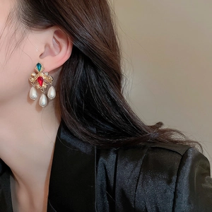 Vintage metal drop earrings with colorful rhinestones and white teardrop pearl tassels