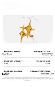 Detailed size chart of a 18K gold-plated stainless steel star ring with dimensions and weight