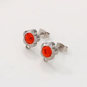 Flower Stainless Steel Stud Earrings With Loop For DIY Jewelry Making Round Rhinestone Elegant Women Accessories