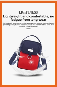 Lightweight navy and red crossbody bag weighing only 0.25kg with multi-compartment design