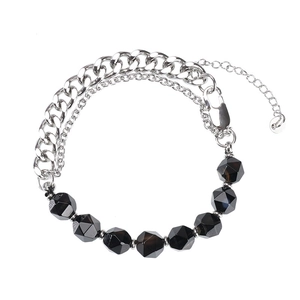 Rugged stainless steel mixed chain bracelet with faceted black agate stones for men and women