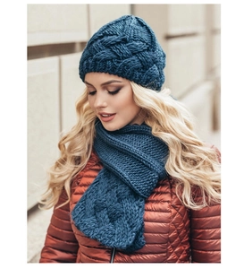 Detailed close-up of dark blue chunky knit beanie and scarf set for winter warmth