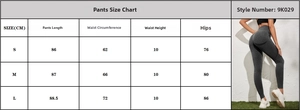 Tableau des tailles détaillé pour pantalons de yoga avec mesures de longueur, taille et hanches