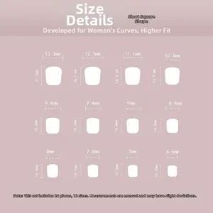 Detailed size chart for short square press-on nails showing 12 sizes from 6.6 to 13.3mm