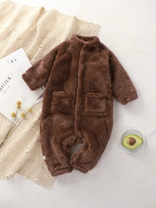 Brown fleece baby hooded romper suit with front pockets for warm winter newborn clothing