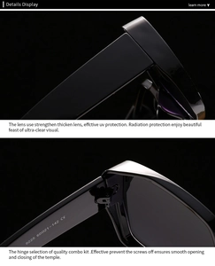 Detail view of thickened lenses and durable metal hinges on glossy black sunglasses