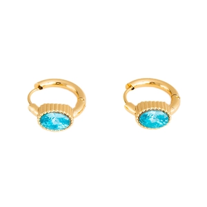 Detail of gold hoop earrings with light blue oval gemstone and textured relief setting