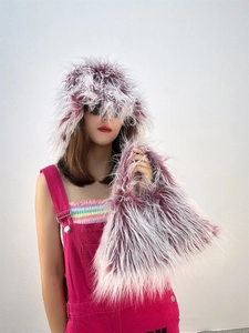 Fashion set featuring purple gradient faux fur plush hat and matching fuzzy handbag for women