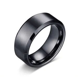 Men's matte black stainless steel ring with brushed finish and polished edges