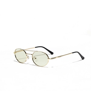 Retro double-bridge metal sunglasses with gradient green lenses and gold frame