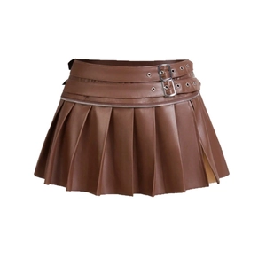Brown leather pleated mini skirt with dual belt buckles and metal zipper details