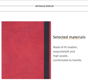 Close-up of red PU leather passport holder with embossed logo and RFID protection