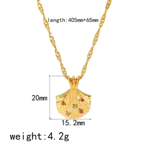 Gold plated 18k shell pendant necklace with five-color crystal stones on white background